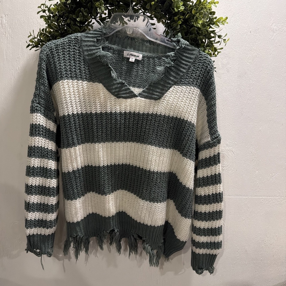 Macaron Women's V-Neck Sweater XL Striped, Acrylic, Pullover, Fringed Edge